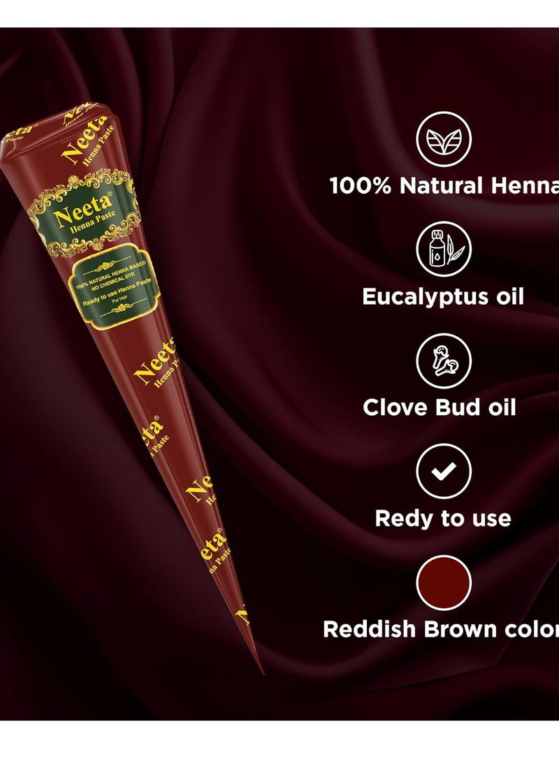 Neeta 4 Pack 100% Natural Ready to Use Henna Paste Hair Dye Cones Reddish Brown Color tubes color for women Perfect for Spot hair coloring, Long-lasting and Cruelty-Free