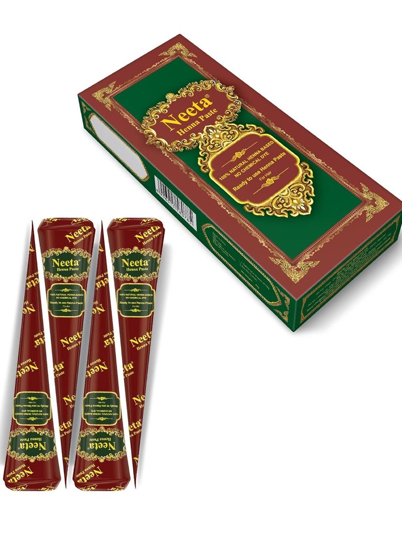 Neeta 4 Pack 100% Natural Ready to Use Henna Paste Hair Dye Cones Reddish Brown Color tubes color for women Perfect for Spot hair coloring, Long-lasting and Cruelty-Free