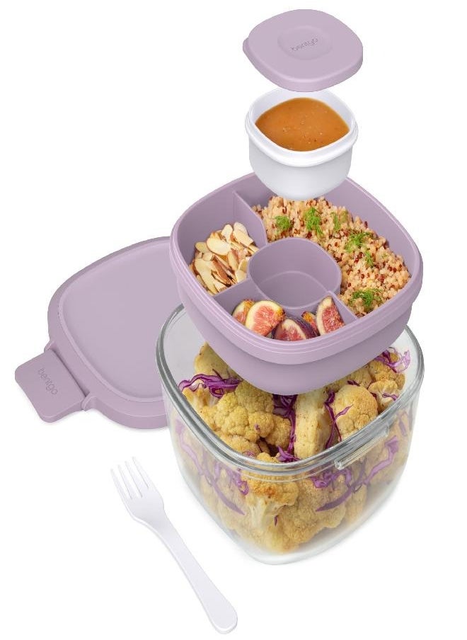 Bentgo Glass All-in-One Salad Container - Large 61-oz Salad Bowl with Lid, 4-Compartment Bento-Style Tray, 3-oz Sauce Container, and Reusable Fork - Dishwasher, Microwave, and Oven Safe (Lavender)