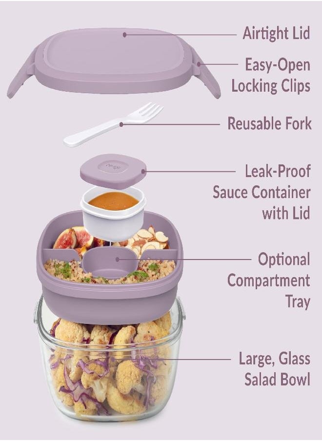 Bentgo Glass All-in-One Salad Container - Large 61-oz Salad Bowl with Lid, 4-Compartment Bento-Style Tray, 3-oz Sauce Container, and Reusable Fork - Dishwasher, Microwave, and Oven Safe (Lavender)