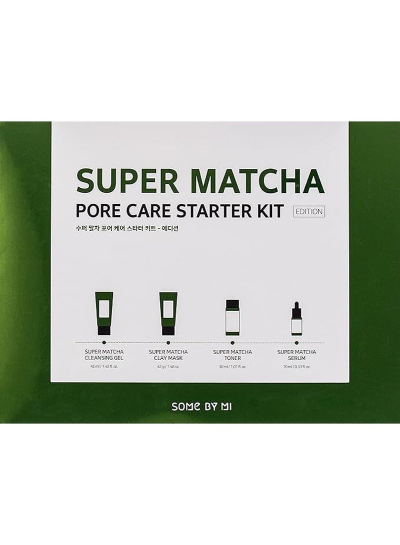 Super Matcha Pore Care Starter Kit - Includes Toner 1.01Oz + Serum 0.33Oz + Cleansing Gel 1.42Oz + Clay Mask 1.48Oz - For Sebum, Anti-Wrinkle And Trouble Care - Facial Skin Care Set Of 4 100ml