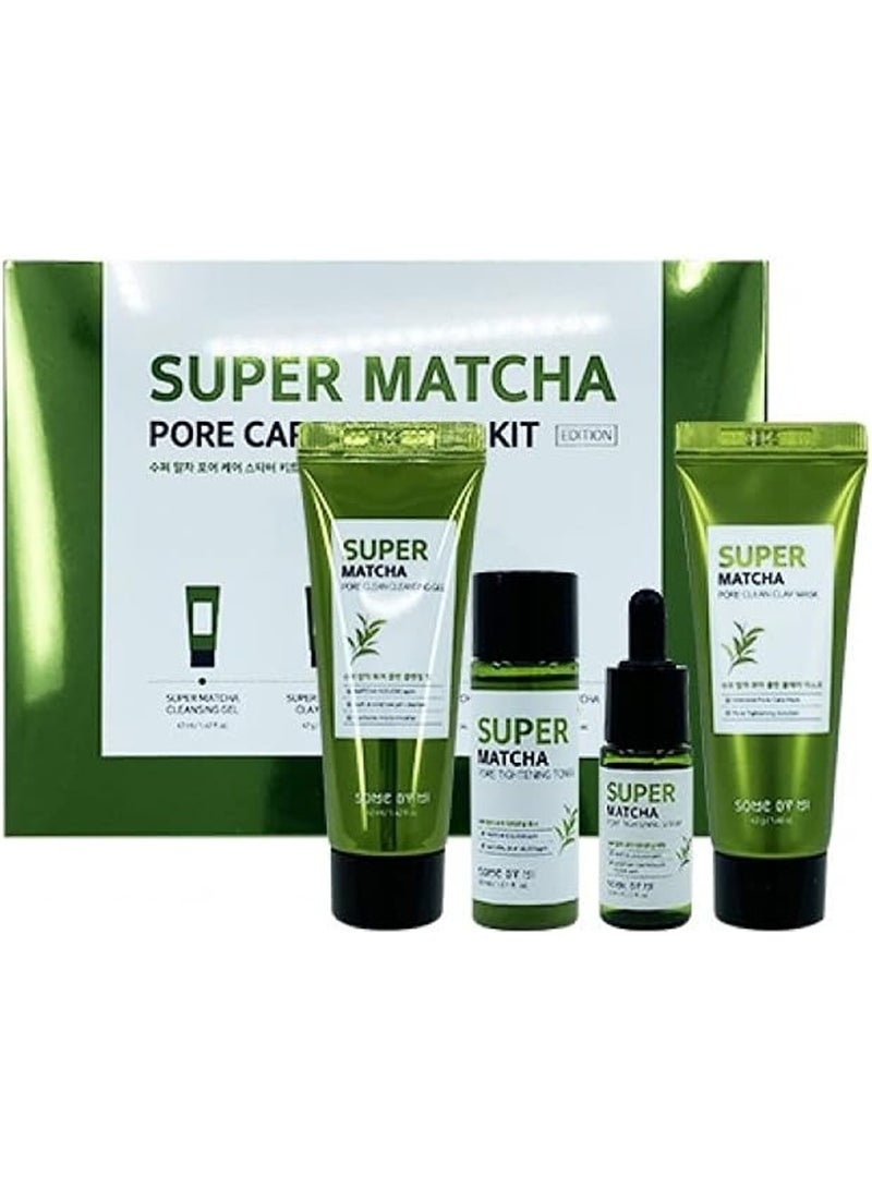 Super Matcha Pore Care Starter Kit - Includes Toner 1.01Oz + Serum 0.33Oz + Cleansing Gel 1.42Oz + Clay Mask 1.48Oz - For Sebum, Anti-Wrinkle And Trouble Care - Facial Skin Care Set Of 4 100ml