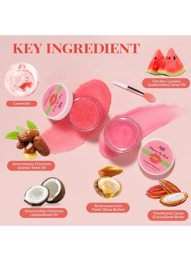 Lip Mask Set, Lip Scrub & Lip Butter, Overnight Lip Treatment Set Enriched With Skin Softening Ceramide & Watermelon and Hydrating Shea Butter, For A Softer & Smoother Pout