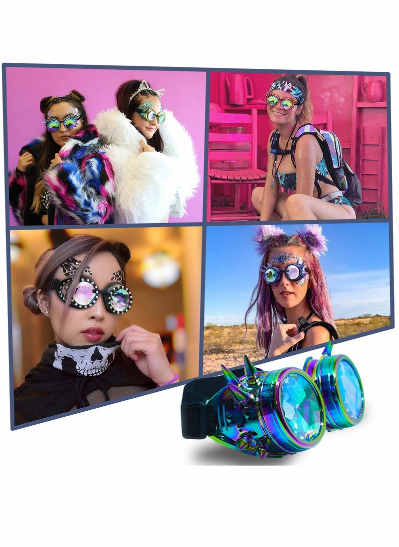 Kaleidoscope Glasses, Crystal Rainbow Kaleidoscope Rave Glasses, Steampunk Goggles Outfits Accessories for Raves