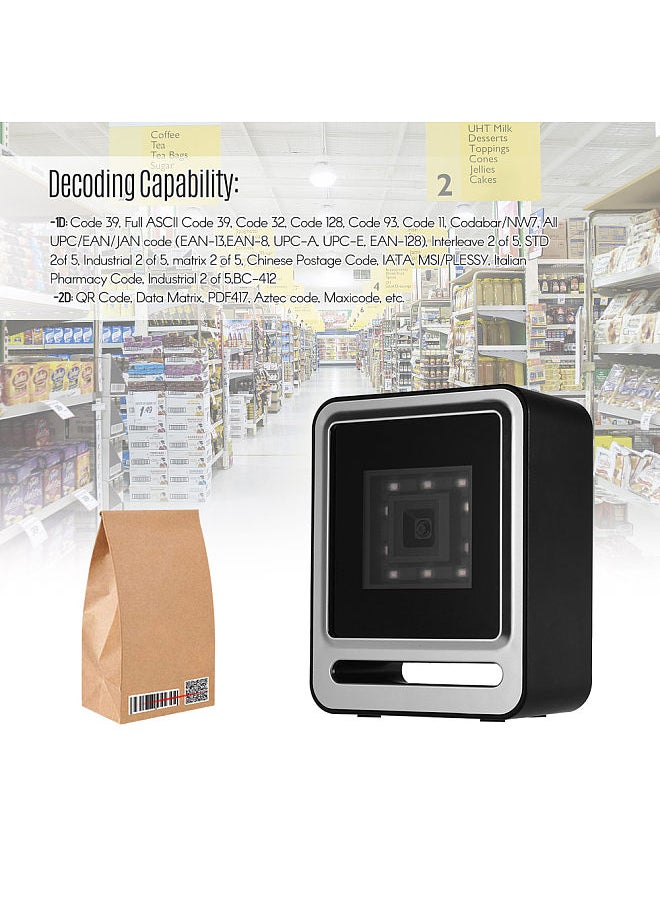 Hands-free USB Wired 1D 2D QR Barcoder Scanner Desktop Omnidirectional Bar Code Reader Platform with Top Trigger Button Support Continue Scan/Auto Sense Mode for Supermarket Retail Store Mobile Payment Computer Screen