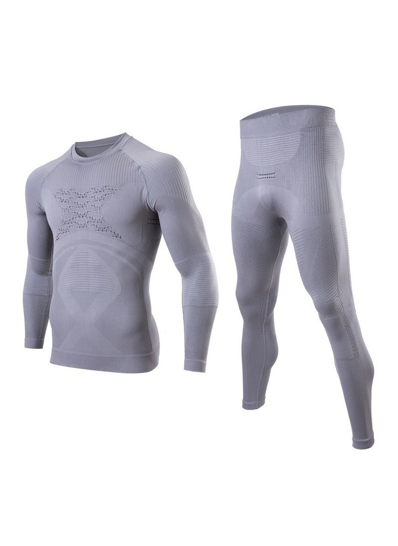 Skiing Sports Function Underwear Single Guide Wet Suction and Discharge Quick-drying Running Fitness Compression Long Sleeve Pants Two-piece Set Grey