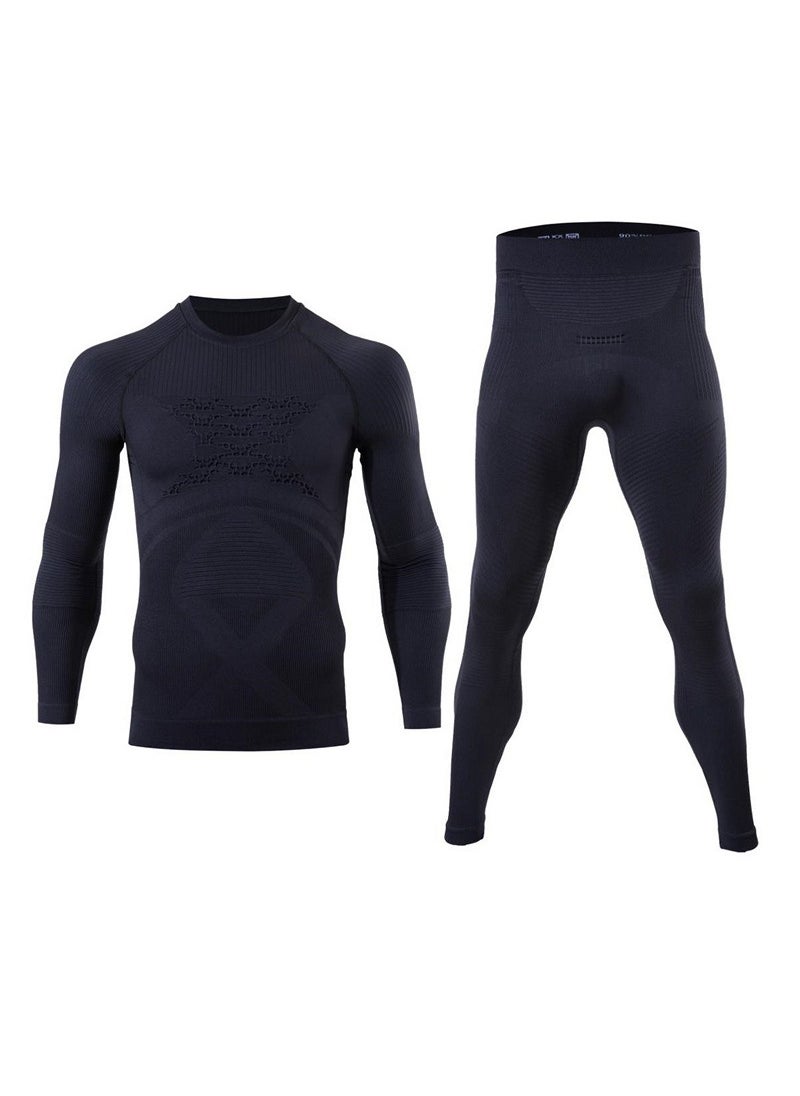 Skiing Sports Function Underwear Single Guide Wet Suction and Discharge Quick-drying Running Fitness Compression Long Sleeve Pants Two-piece Set Black