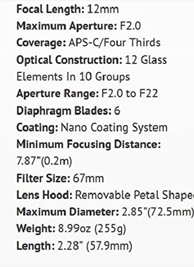 12mm F2.0 NCS CS Ultra Wide Angle Fixed Lens for Olympus and Panasonic Micro 4/3 (MFT) Mount Digital Cameras (Black) (RK12M-MFT)