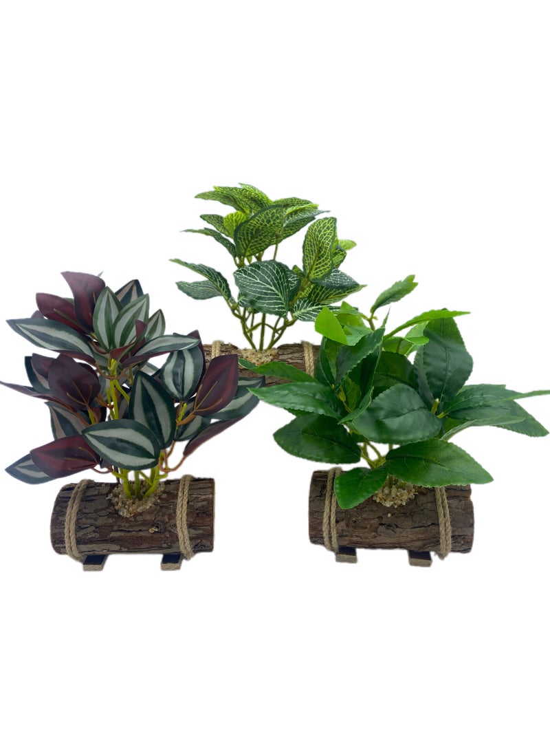 Artificial Plants (3 pieces) Green Basket Bonsai 24cm Suitable for Indoor Home Decoration Office Living Room Hotel Kitchen Outdoor Greening (With Wooden Flower Pots)