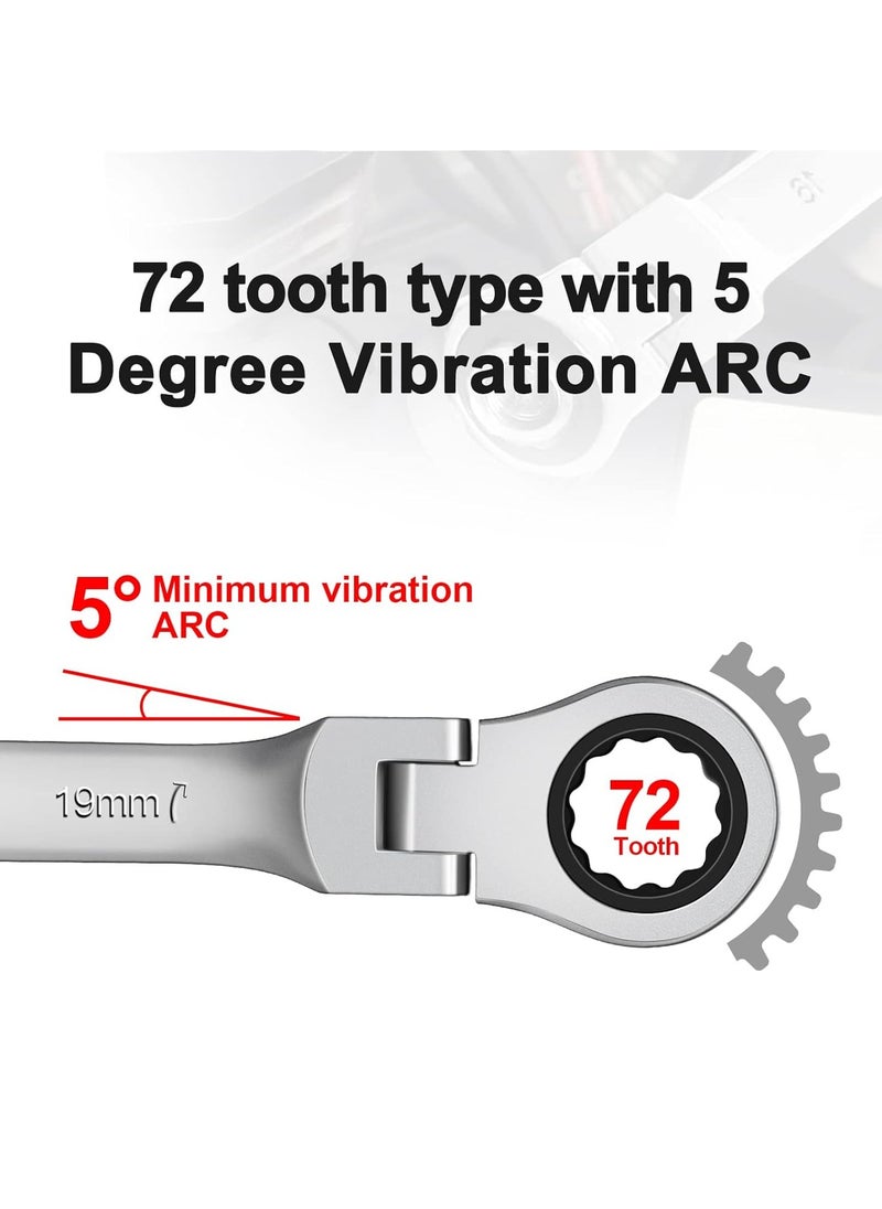 19mm Flex Head Ratchet Wrench, Industrial Grade Cr-V Steel, 12 Point Release Design, 72 Tooth Ratchet, 180 Degree Flex Box End