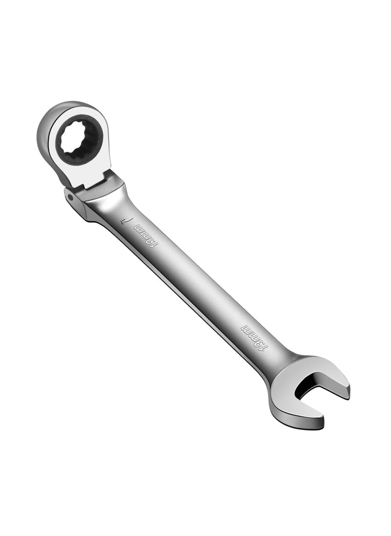 19mm Flex Head Ratchet Wrench, Industrial Grade Cr-V Steel, 12 Point Release Design, 72 Tooth Ratchet, 180 Degree Flex Box End