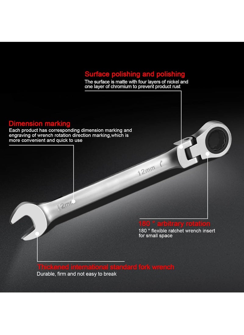 19mm Flex Head Ratchet Wrench, Industrial Grade Cr-V Steel, 12 Point Release Design, 72 Tooth Ratchet, 180 Degree Flex Box End