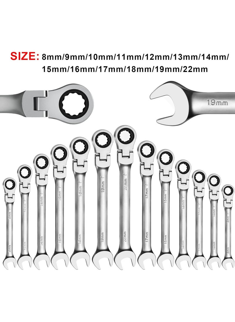 19mm Flex Head Ratchet Wrench, Industrial Grade Cr-V Steel, 12 Point Release Design, 72 Tooth Ratchet, 180 Degree Flex Box End