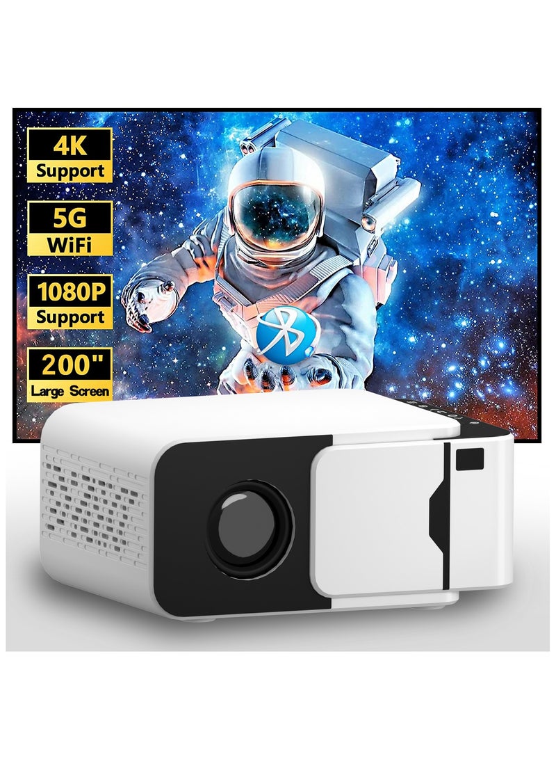 Smart T5 Mini Projector with WiFi and Bluetooth [Android 13.0/Electric focus] Portable Projector 4K Support 1080P Supported Home Theater Projector T5 Mini Projector White