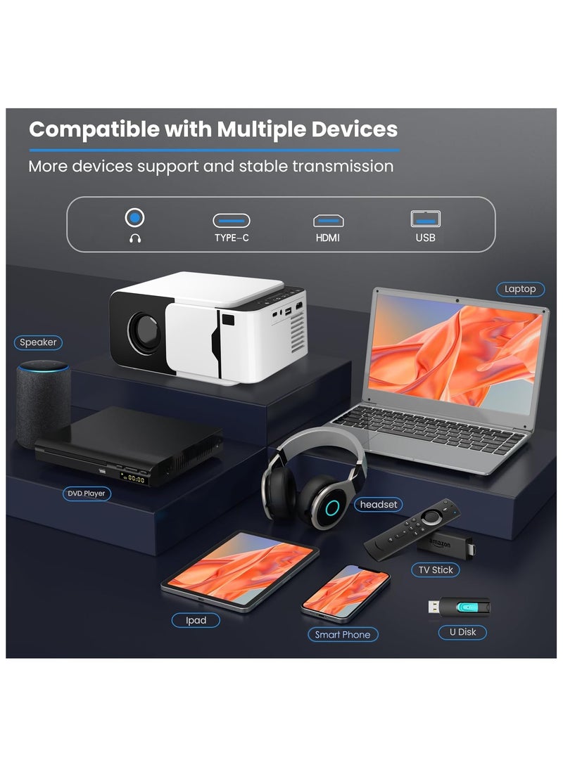 Smart T5 Mini Projector with WiFi and Bluetooth [Android 13.0/Electric focus] Portable Projector 4K Support 1080P Supported Home Theater Projector T5 Mini Projector White