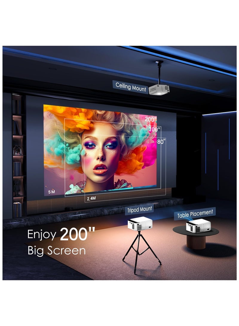 Smart T5 Mini Projector with WiFi and Bluetooth [Android 13.0/Electric focus] Portable Projector 4K Support 1080P Supported Home Theater Projector T5 Mini Projector White