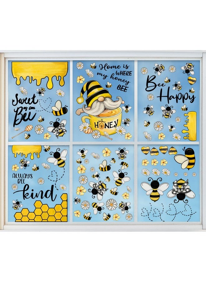 Bumble Bee Window Clings 110Pcs Honey Bee Window Decals Spring Summer Window Cling Sweet Bee Happy Kind Gnome Window Stickers Bee Reusable Pvc Sticker For Home Party Window Glass Mirror