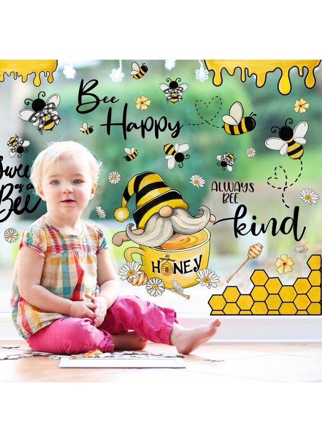 Bumble Bee Window Clings 110Pcs Honey Bee Window Decals Spring Summer Window Cling Sweet Bee Happy Kind Gnome Window Stickers Bee Reusable Pvc Sticker For Home Party Window Glass Mirror