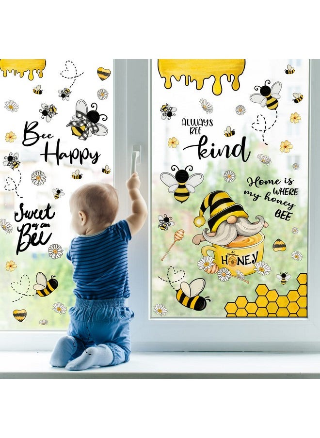 Bumble Bee Window Clings 110Pcs Honey Bee Window Decals Spring Summer Window Cling Sweet Bee Happy Kind Gnome Window Stickers Bee Reusable Pvc Sticker For Home Party Window Glass Mirror