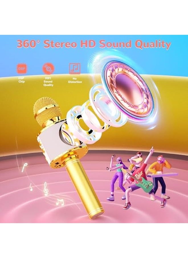 Magic Sing LED Karaoke Microphone Children, Wireless Bluetooth Toy from 3-12 Years, Gift Girls KTV Speaker with Voice Changer, Home KTV Karaoke Machine for Android, iOS, PC (Gold)