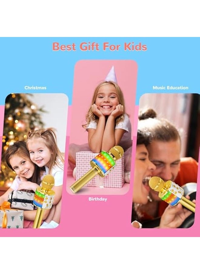 Magic Sing LED Karaoke Microphone Children, Wireless Bluetooth Toy from 3-12 Years, Gift Girls KTV Speaker with Voice Changer, Home KTV Karaoke Machine for Android, iOS, PC (Gold)