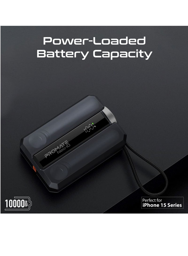 10000 mAh Power Bank, Ultra-Compact Portable Power Pack with Built-In 30W USB-C™ Cable, USB-C™ Power Delivery Port Black