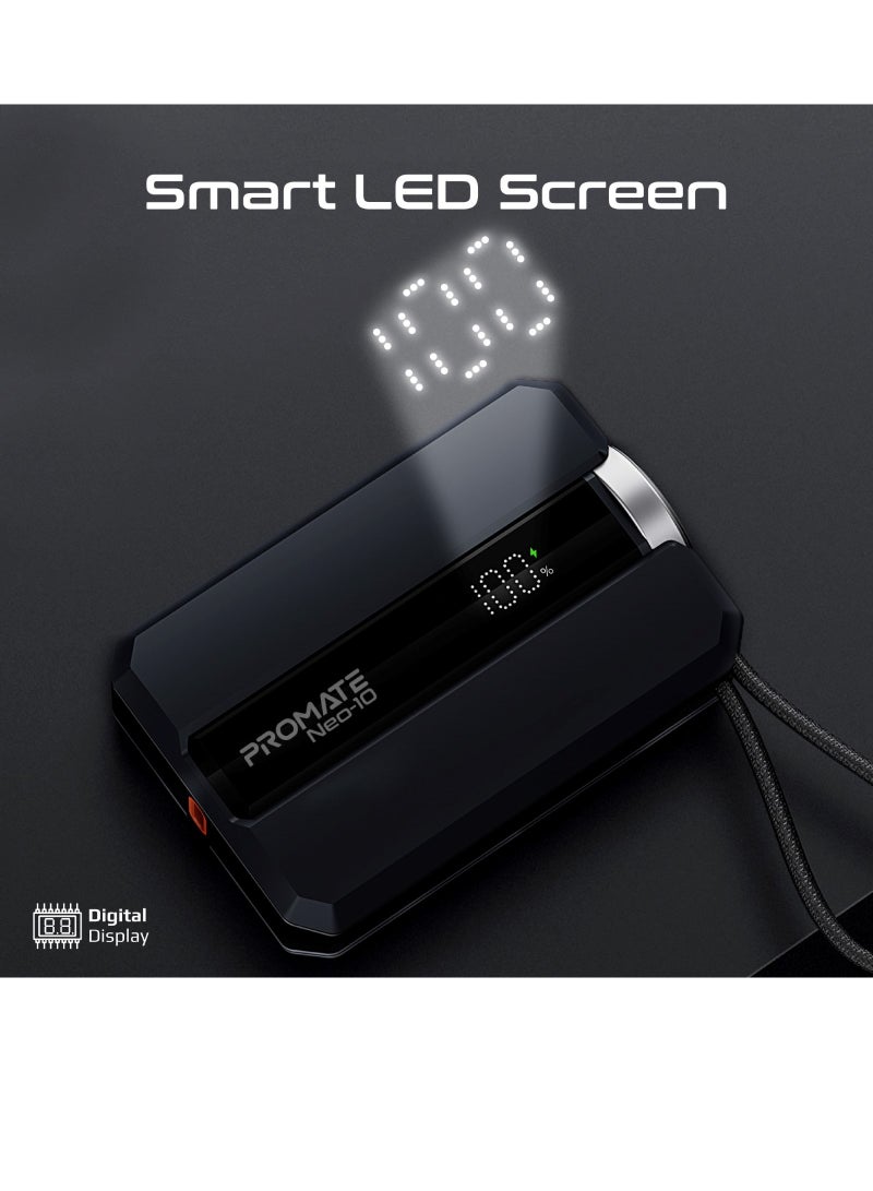 10000 mAh Power Bank, Ultra-Compact Portable Power Pack with Built-In 30W USB-C™ Cable, USB-C™ Power Delivery Port Black