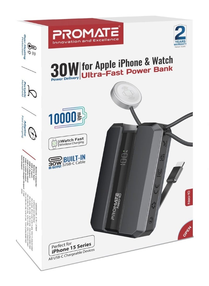 10000 mAh Power Bank, Ultra-Compact Portable Power Pack with Built-In 30W USB-C™ Cable, USB-C™ Power Delivery Port Black