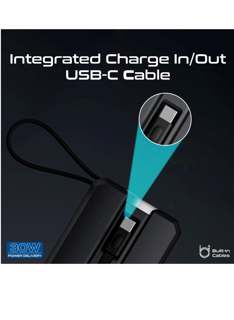 10000 mAh Power Bank, Ultra-Compact Portable Power Pack with Built-In 30W USB-C™ Cable, USB-C™ Power Delivery Port Black