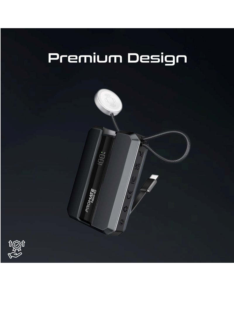 10000 mAh Power Bank, Ultra-Compact Portable Power Pack with Built-In 30W USB-C™ Cable, USB-C™ Power Delivery Port Black