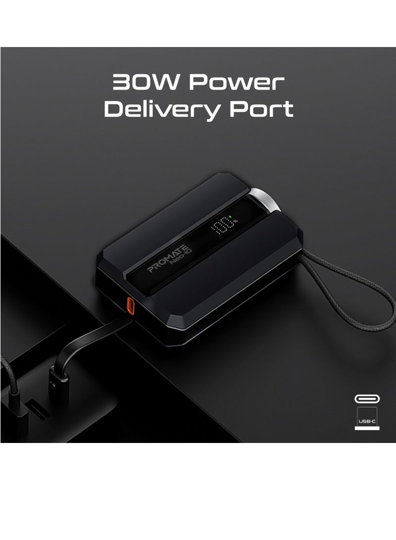 10000 mAh Power Bank, Ultra-Compact Portable Power Pack with Built-In 30W USB-C™ Cable, USB-C™ Power Delivery Port Black