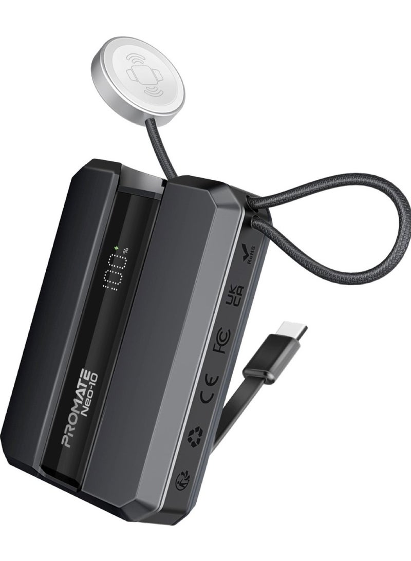 10000 mAh Power Bank, Ultra-Compact Portable Power Pack with Built-In 30W USB-C™ Cable, USB-C™ Power Delivery Port Black