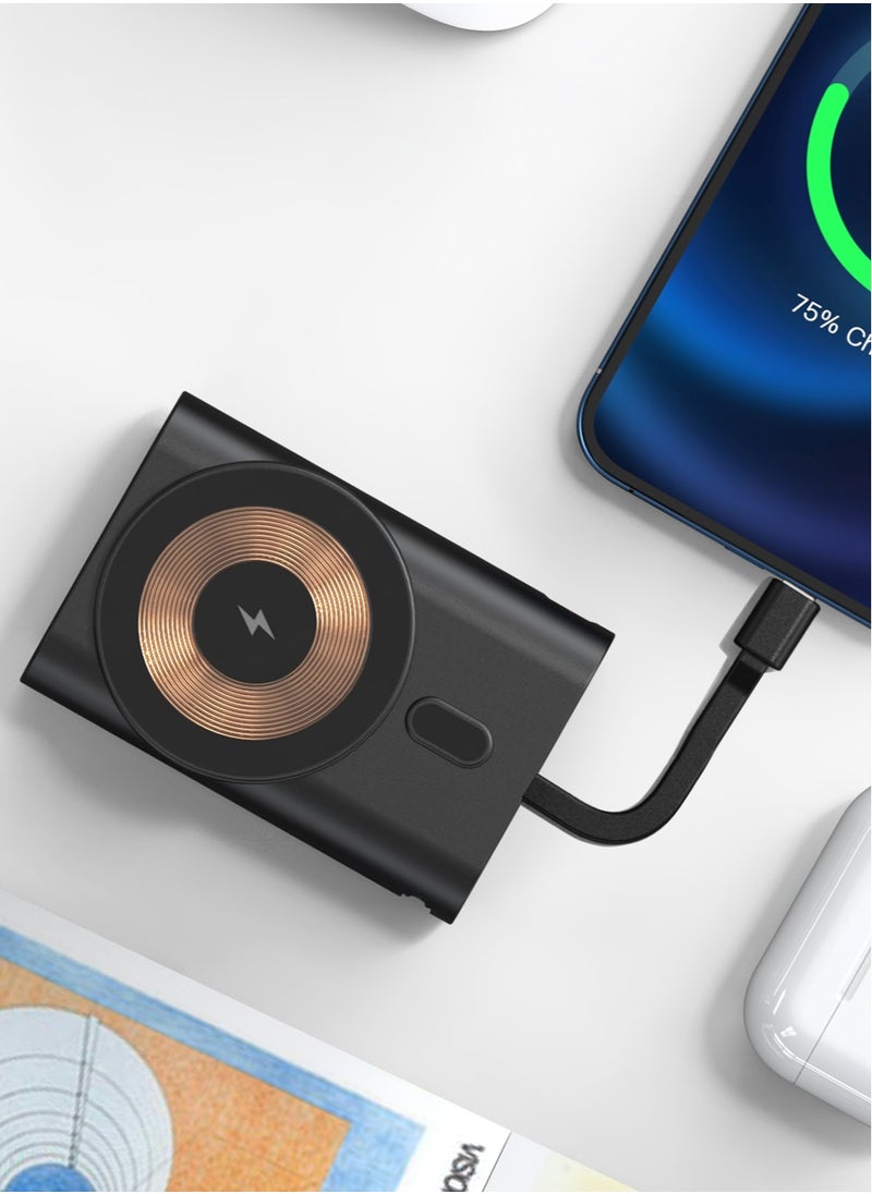 5200mAh Magsafe Power Bank with Integrated Type-C Cable / Charging Stand / Pass-Through Charging / 15W Wireless Charger - Black