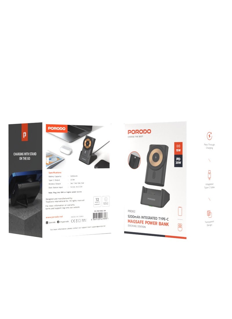 5200mAh Magsafe Power Bank with Integrated Type-C Cable / Charging Stand / Pass-Through Charging / 15W Wireless Charger - Black