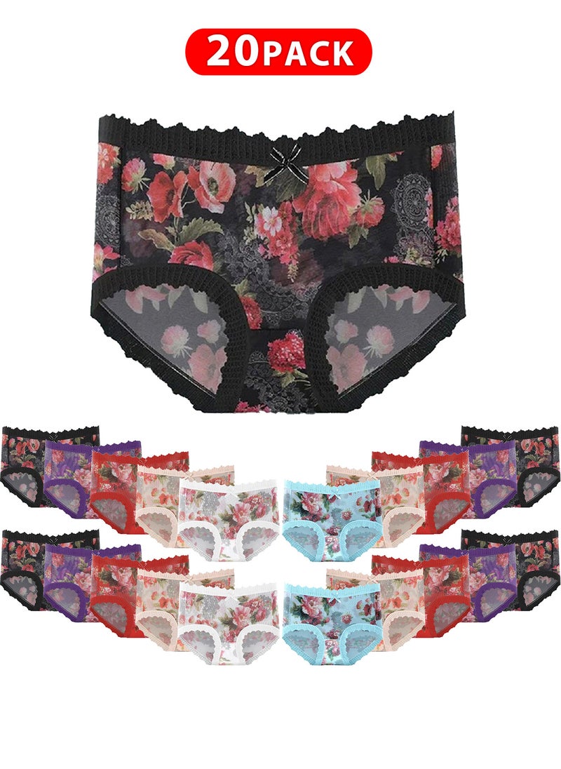 20 Packs Women's Large Size Ultra-thin Panties Women Lace Briefs Ice Silk Mid-Waist Panties Female Lingerie Fashion Flower Print Seamless Underwear/M (Waist 22'')--L (Waist 24'')--XL (Waist 26'')