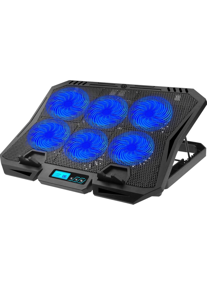 Laptop Cooler, Laptop Cooling Pads 12-15.6 inch LCD Control Panel Cooling Pad Gaming Laptop Cooling Pad Stand with 6 Quiet Fans, 2 USB Ports and LED Light (Blue)