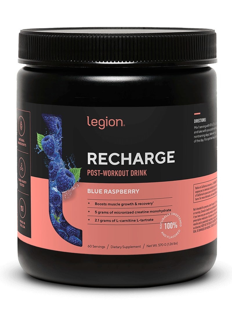 Recharge Post Workout Drink, Boosts Muscle Growth and Recovery, 5g Micronized Creatine Monohydrate, 2.1g L-Carnitine and L-Tartrate, 570 grams, 60 Servings - Blue Raspberry Flavor, Dietary supplement