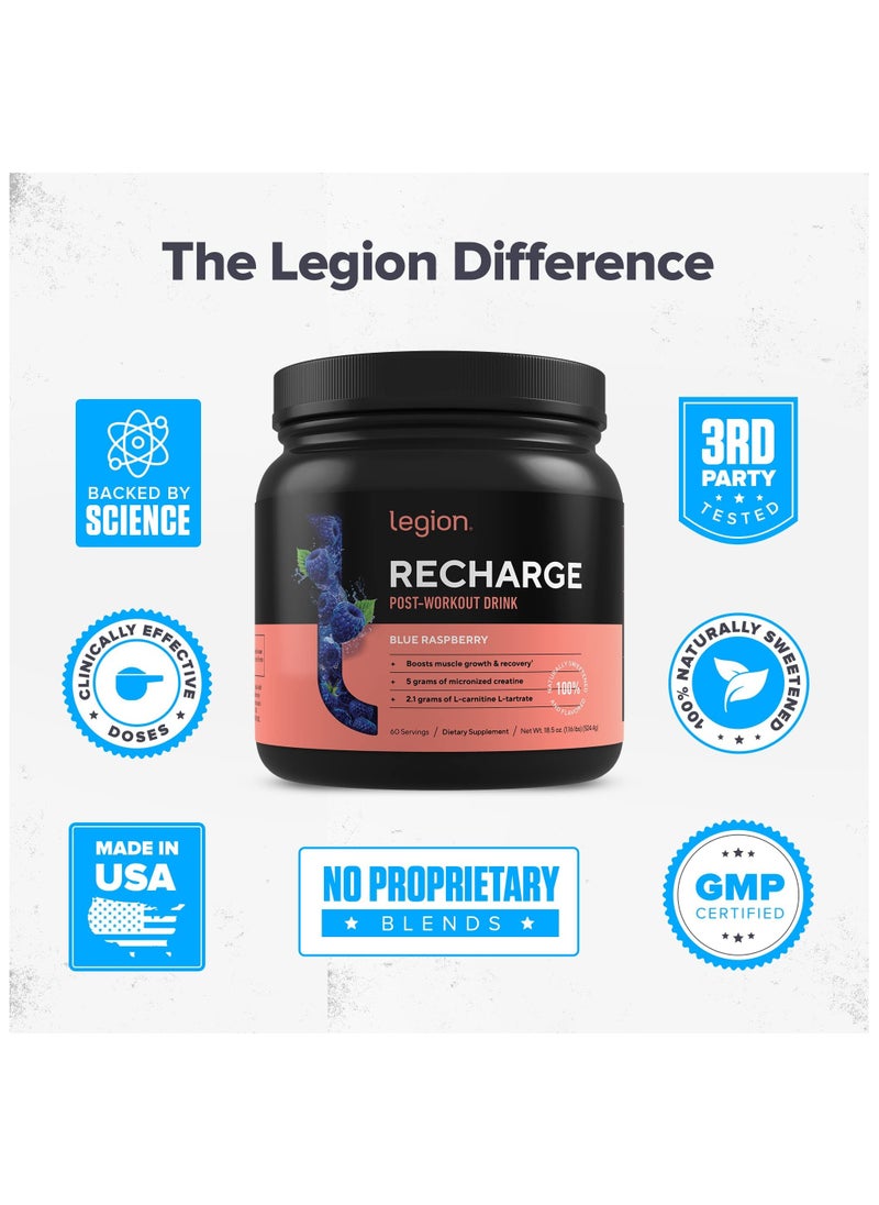 Recharge Post Workout Drink, Boosts Muscle Growth and Recovery, 5g Micronized Creatine Monohydrate, 2.1g L-Carnitine and L-Tartrate, 570 grams, 60 Servings - Blue Raspberry Flavor, Dietary supplement