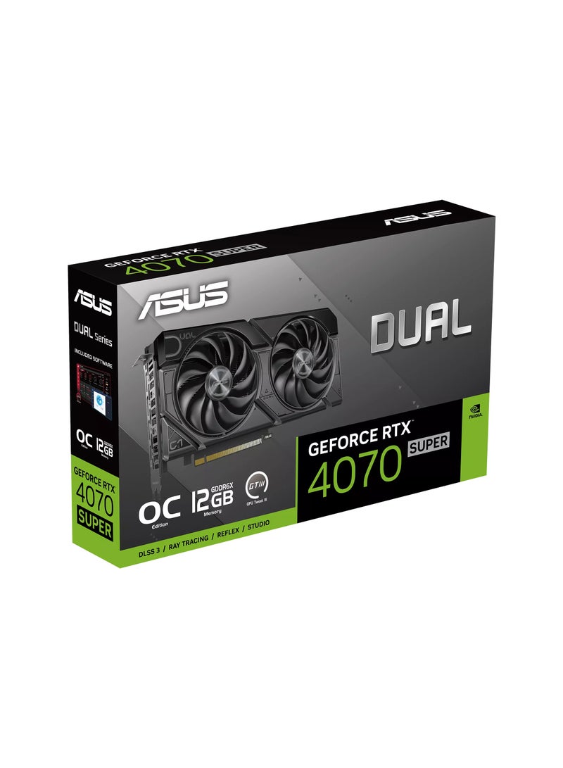 Dual GeForce RTX 4070 SUPER EVO OC Graphics Card, 12GB GDDR6X 192-bit Memory, 2550 MHz Boost Clock, 21 Gbps Memory Speed, 7168 CUDA Cores, PCI E 4.0, HDMI 2.1a / DP 1.4A | 90YV0KC0-M0NA00 Black