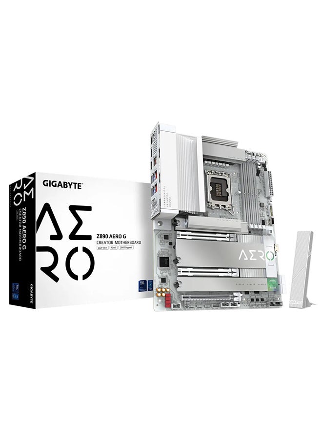 Z890 AERO G LGA 1851 ATX Motherboard, Intel Z890 Chipset, 4x DDR5 DIMM Slots (Up to 256GB Max Memory), Wi-Fi 7 & Bluetooth 5.4, 2x PCIe 5.0 x16 Slots, 5x M.2 Slots (PCIe 4.0/3.0), 6x SATA III Ports, 10+1 Phases Digital VRM, Dual 2.5GbE LAN, USB 3.2 Gen 2x2 Type-C, AORUS Audio, RGB Fusion 2.0, Z890-AERO-G White