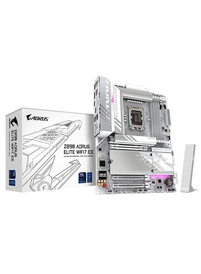 Z890 AORUS ELITE Wi-Fi 7 ICE ATX Motherboard, LGA 1851, Intel Z890 Chipset, 4x DDR5 Slots (Up to 256GB), Lightning-fast Wi-Fi 7 & Bluetooth 5.4, PCIe 5.0 x16, 4x M.2 Slots, Sleek White Design, Advanced Thermal Performance | Z890-A-ELITE-WF7-ICE White