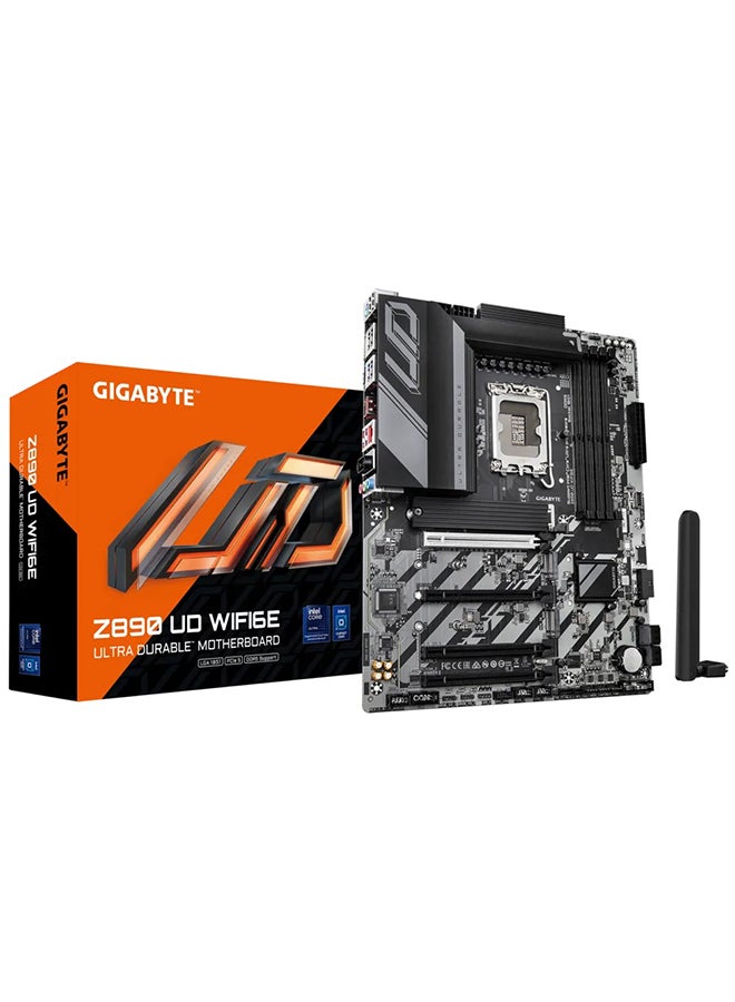 Z890 UD WIFI6E LGA 1851 ATX Motherboard, Intel Z890 Chipset, Support for Intel® Core™ Ultra Processors, 4x DDR5 DIMM Slots (Up to 256GB), PCIe 5.0 x16, 2.5GbE LAN, Intel® Wi-Fi 6E, Bluetooth 5.3, USB4, 4x M.2 Slots (PCIe 5.0/4.0), Realtek® Audio, DisplayPort 2.1, RAID 0/1/5/10 Support, 6x USB 3.2 Ports, RGB & Addressable RGB Headers, Q-Flash Plus | Z890-UD-WIFI6E Black