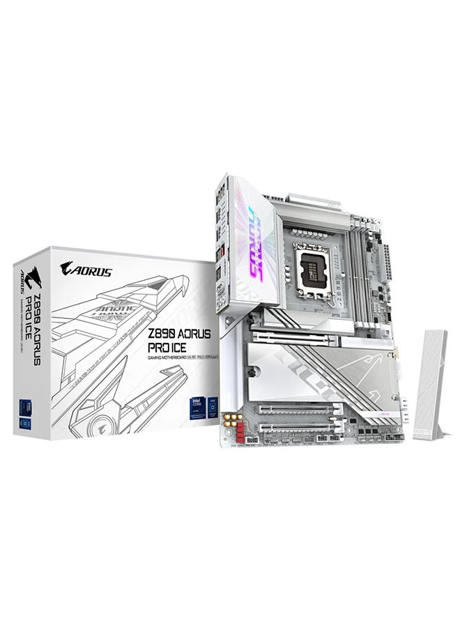 Z890 AORUS PRO ICE Wi-Fi ATX Motherboard, Intel Z890 Chipset, LGA1851 Socket, 4*DIMM DDR5 256GB Max Memory, 5*M.2, 1*PCIe 5.0*16, 1*5Gbps Ethernet & Wi-Fi 7, Bluetooth v5.4, 1*HDMI, Dual Thunderbolt 4, True AI Infinite Memory Performance | Z890-AORUS-PRO-ICE White