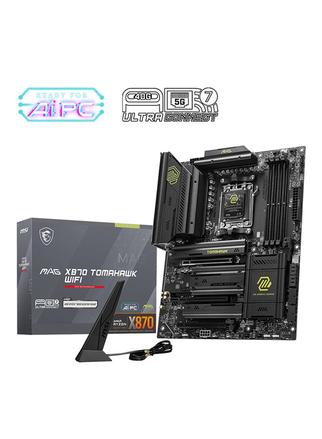 MAG X870 TOMAHAWK Wi-Fi ATX Motherboard, AMD X870E Chipset, AM5 Socket, 4 x DIMM DDR5 (256GB Max), Multi-GPU Support, 4 x M.2 Slots, 1 x PCIe 5.0 x16, 1 x 5Gb Ethernet, Wi-Fi 7, Bluetooth 5.4, 1 x HDMI, Dual USB4, EZ DIY, Ultra Power & Connectivity, Frozr Design, Optimized UI/UX, AI-Ready, Built for Gamers & Creators, 911-7E51-001 Black