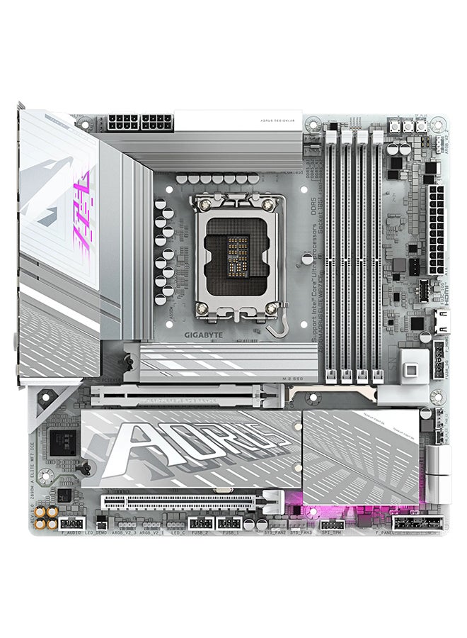 Z890M AORUS ELITE WIFI7 ICE, Intel Core Ultra Processors, LGA1851 Socket, Supports Up to 256GB DDR5 RAM, PCIe 5.0, Bluetooth 5.4, Wi-Fi 7, 10Gb Ethernet, Advanced Thermal Design with Triple-Stacked Fin Array, Dual M.2 Slots with Thermal Guards, USB 3.2 Gen 2x2 Type-C, RGB Fusion 2.0, Onboard Intel Thunderbolt 4, High-Quality Audio Capacitors, ATX Motherboard | Z890M-A-ELITE-WF7-ICE White