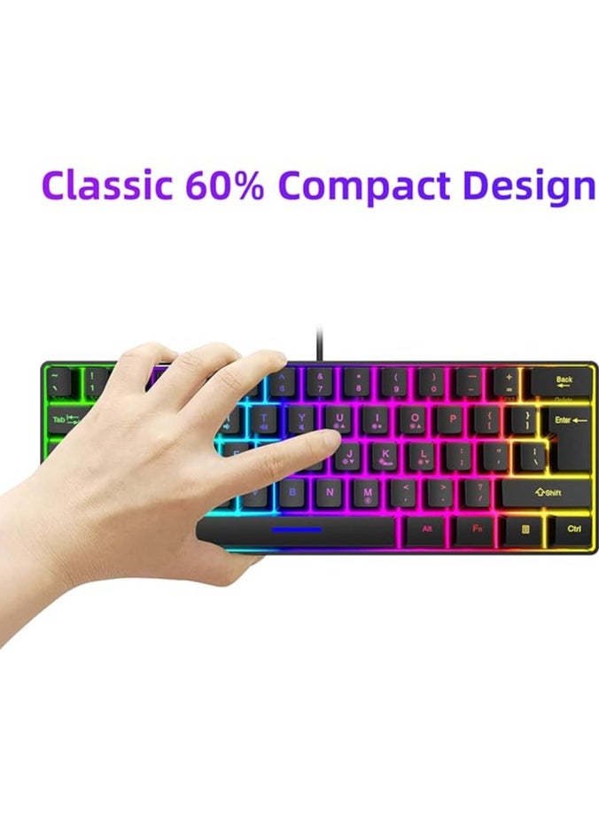 Gaming Keyboard Mechanical 61 Keys Ultra Compact Wired PC Keyboard with RGB Backlit FN Combination Multifunction Shortcut Keys Perfect for Gaming and Work, K401, Black