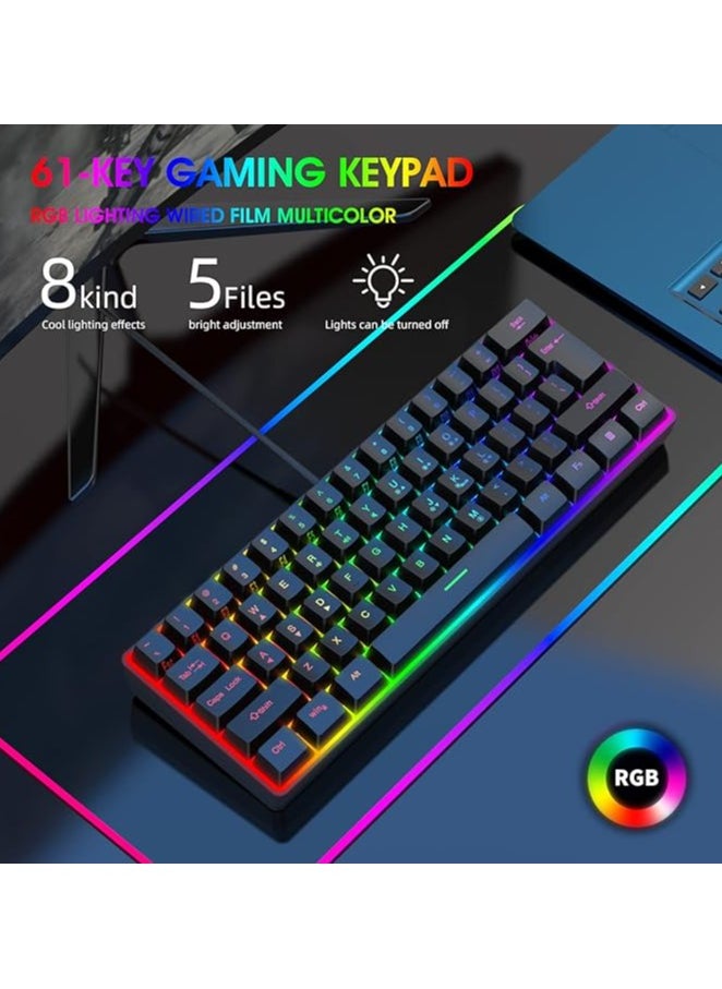 Gaming Keyboard Mechanical 61 Keys Ultra Compact Wired PC Keyboard with RGB Backlit FN Combination Multifunction Shortcut Keys Perfect for Gaming and Work, K401, Black