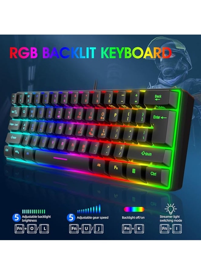 Gaming Keyboard Mechanical 61 Keys Ultra Compact Wired PC Keyboard with RGB Backlit FN Combination Multifunction Shortcut Keys Perfect for Gaming and Work, K401, Black