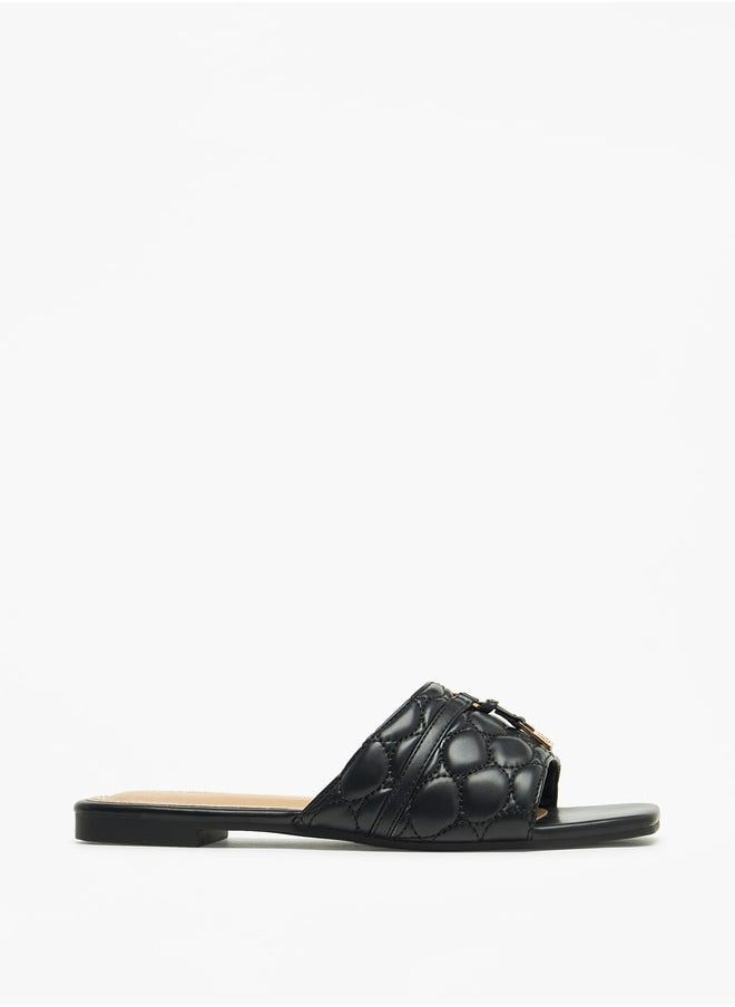 Textured Slip-On Sandals with Metal Accent