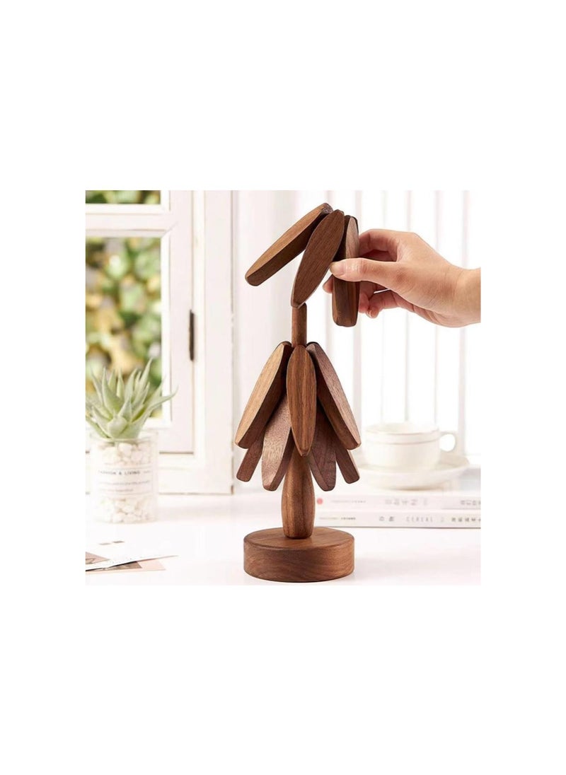 Treevet Coaster Set, Wooden Tree Coasters, Anti-Scalding Tree Shape Trivets for Hot Pots and Pans, Non Slip Foldable Wood Coaster, Wood Table Mat for Hot Dishes (2Pcs Black Walnut)